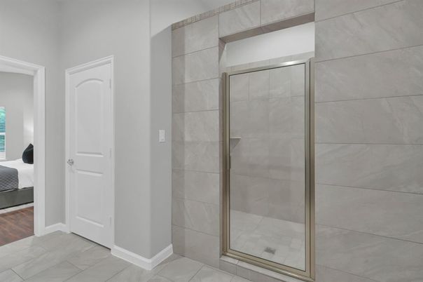 Bathroom, Glass Shower, Interior, Wood Texture Flooring