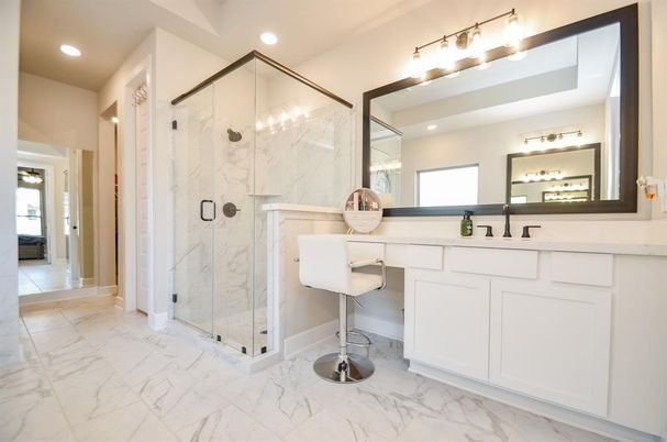 Bathroom, Glass Shower, Interior, Marble, Marble Walls, Recessed Lighting
