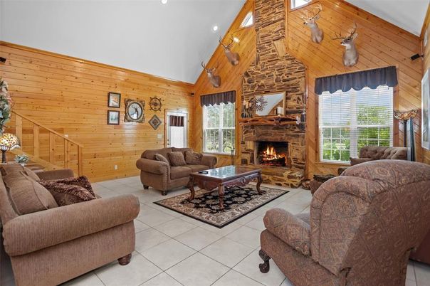 Fireplace, Interior, Living room, Recessed Lighting, Wooden Walls