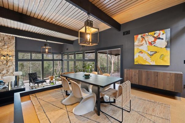 Dining room, Interior, Pendant Lights, Stone Walls, Wooden Beams, Wooden Ceilings