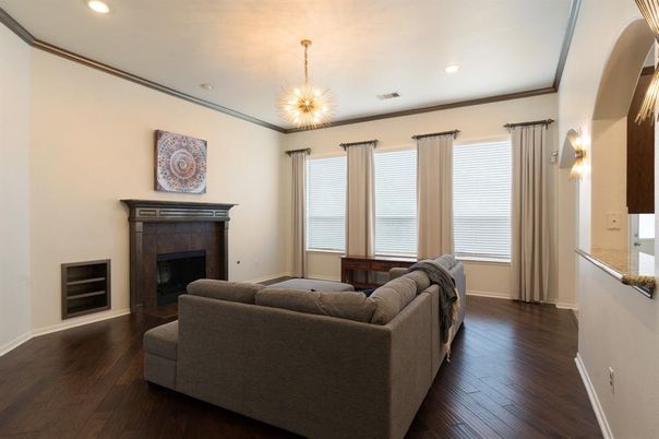 Fireplace, Interior, Living room, Pendant Lights, Recessed Lighting, Wood Texture Flooring