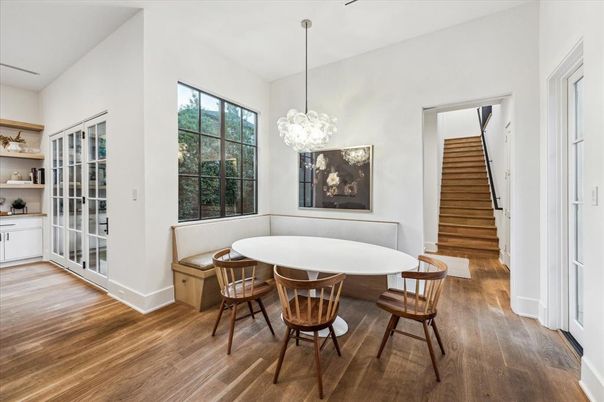Dining room, Interior, Pendant Lights, Wood Texture Flooring