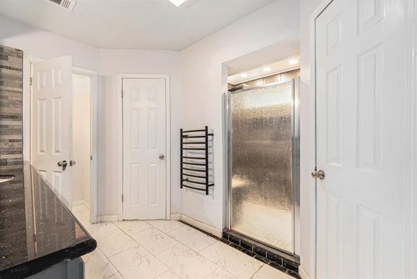 Bathroom, Glass Shower, Interior, Marble, Recessed Lighting