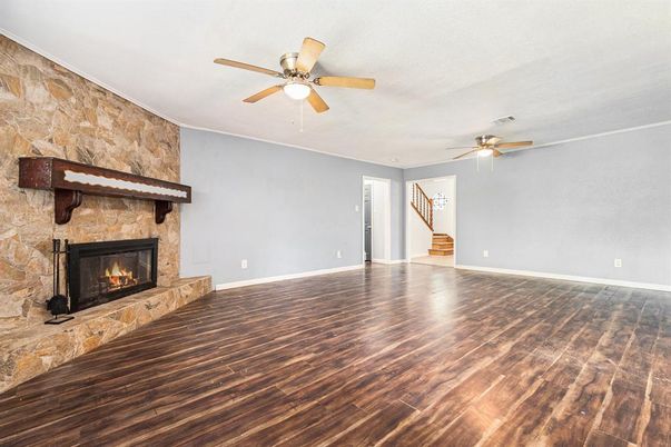 Empty room, Fireplace, Interior, Stone Walls, Wood Texture Flooring