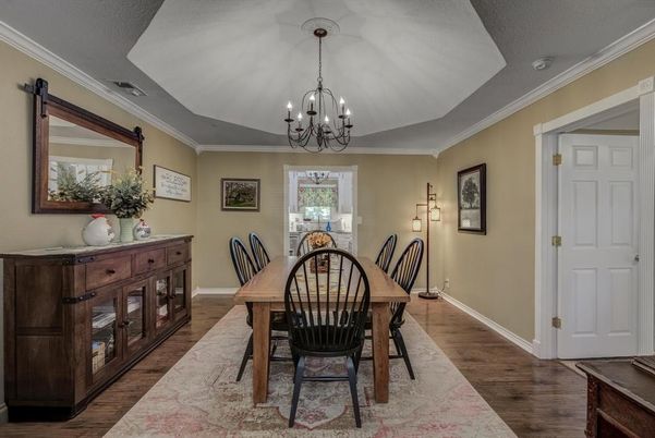 Chandelier, Dining room, Interior, Wood Texture Flooring