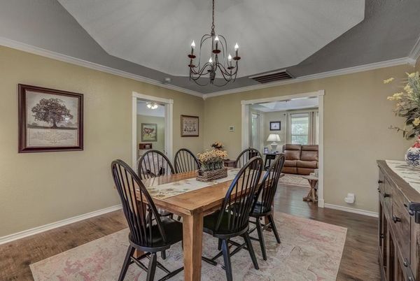 Chandelier, Dining room, Interior, Wood Texture Flooring