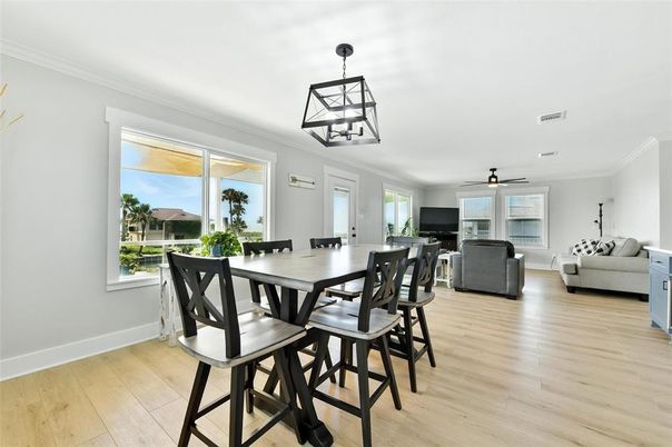 Dining room, Interior, Living room, Pendant Lights, Wood Texture Flooring