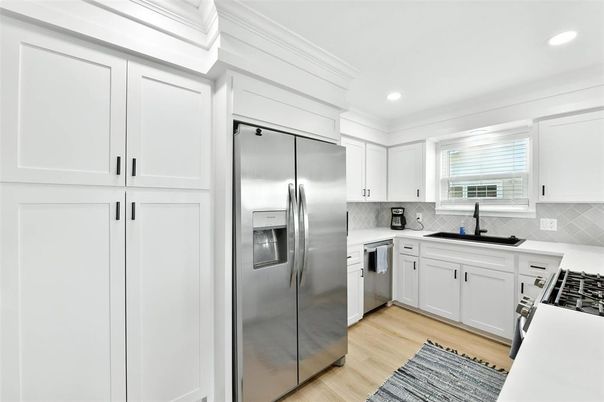 Interior, Kitchen, Recessed Lighting, Stainless Steel Appliances, Wood Texture Flooring