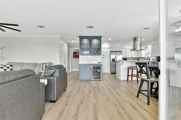 Interior, Kitchen, Living room, Recessed Lighting, Stainless Steel Appliances, Wood Texture Flooring