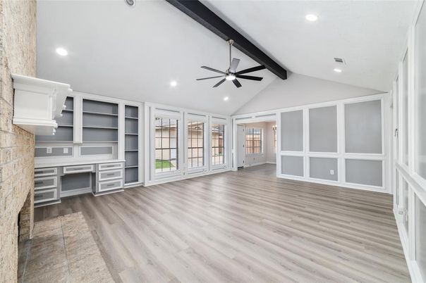 Empty room, Interior, Recessed Lighting, Wooden Beams, Wood Texture Flooring