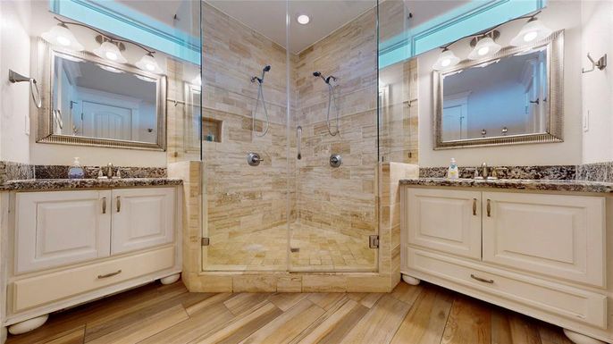 Bathroom, Glass Shower, Interior, Recessed Lighting, Wood Texture Flooring