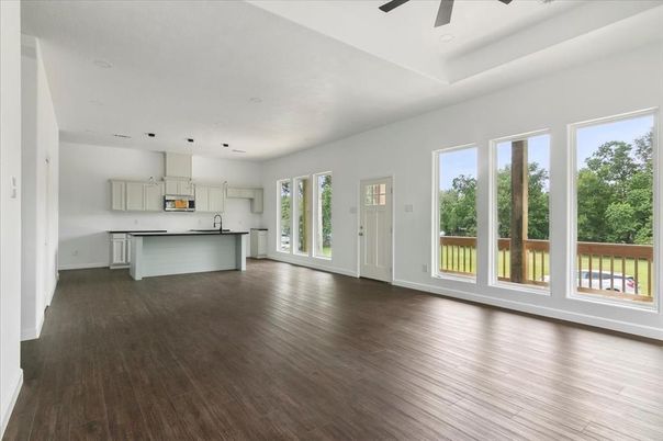 Empty room, Interior, Kitchen, Pendant Lights, Recessed Lighting, Wood Texture Flooring