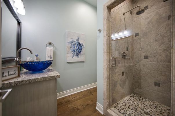 Bathroom, Glass Shower, Interior, Wood Texture Flooring