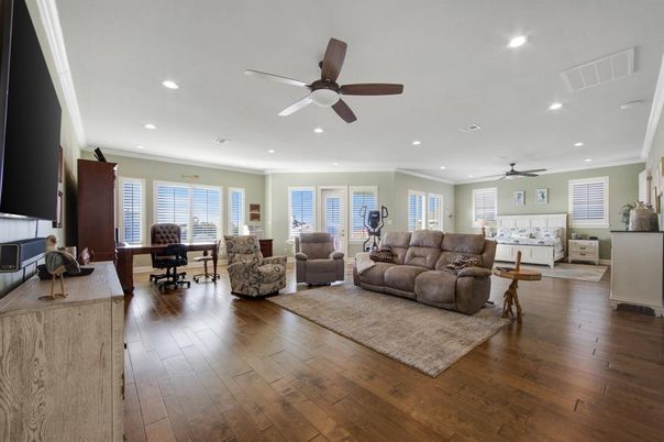 Dining room, Fireplace, Interior, Living room, Recessed Lighting, Wood Texture Flooring