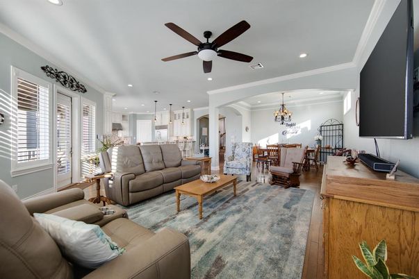 Chandelier, Dining room, Interior, Kitchen, Living room, Pendant Lights, Recessed Lighting, Wood Texture Flooring