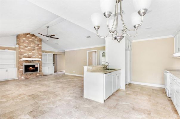 Chandelier, Empty room, Fireplace, Interior, Kitchen, Pendant Lights
