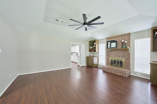 Empty room, Fireplace, Interior, Stone Walls, Wood Texture Flooring