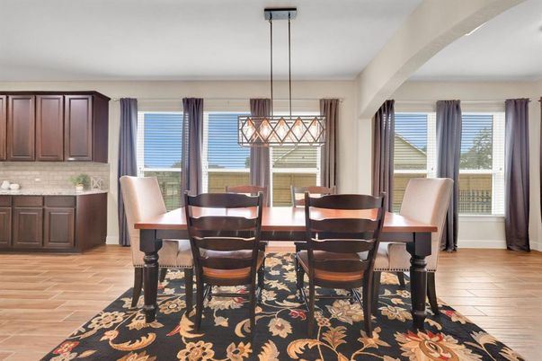 Dining room, Interior, Pendant Lights, Wood Texture Flooring