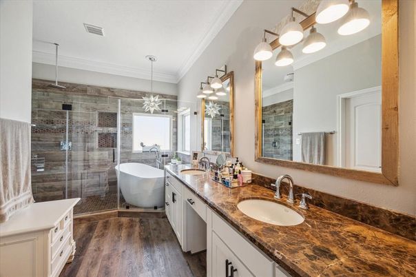 Bathroom, Dual Sink Vanities, Free Standing Baths, Glass Shower, Interior, Pendant Lights, Wood Texture Flooring