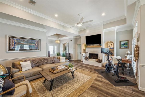 Chandelier, Fireplace, Interior, Living room, Recessed Lighting, Wood Texture Flooring