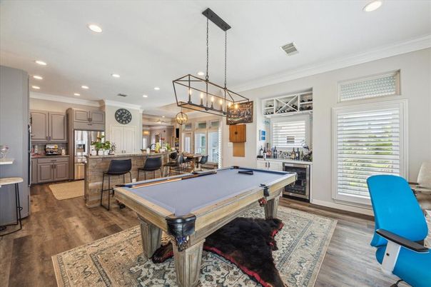 Billiard Table, Chandelier, Game Room, Interior, Kitchen, Pendant Lights, Recessed Lighting, Wood Texture Flooring