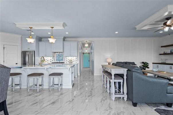 Interior, Kitchen, Living room, Marble, Pendant Lights, Recessed Lighting, Stainless Steel Appliances