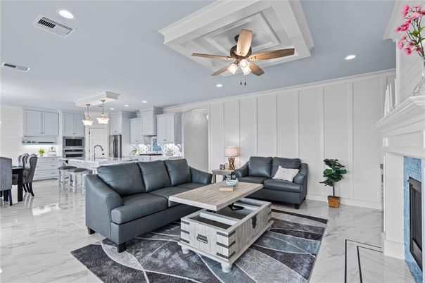 Dining room, Interior, Kitchen, Living room, Marble, Pendant Lights, Recessed Lighting, Stainless Steel Appliances