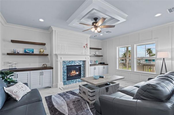 Fireplace, Interior, Living room, Marble, Recessed Lighting