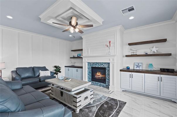 Fireplace, Interior, Living room, Marble, Recessed Lighting