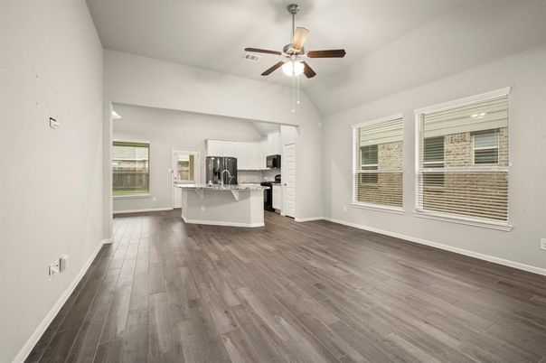 Empty room, Interior, Kitchen, Stainless Steel Appliances, Wood Texture Flooring