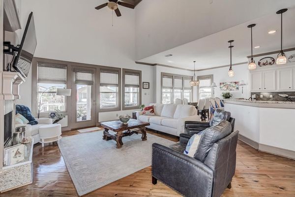 Fireplace, Interior, Kitchen, Living room, Pendant Lights, Recessed Lighting, Wood Texture Flooring