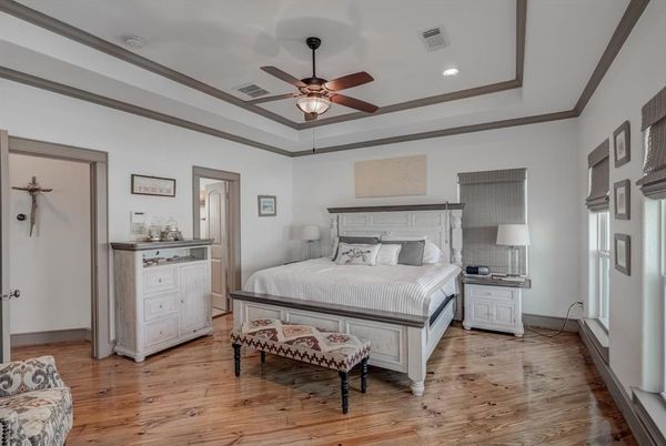 Bedroom, Interior, Recessed Lighting, Wood Texture Flooring