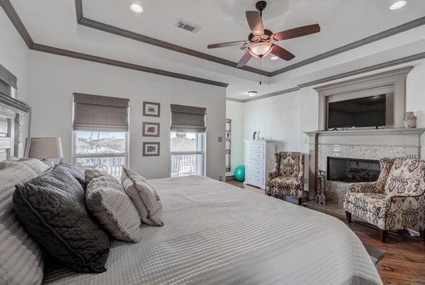 Bedroom, Fireplace, Interior, Recessed Lighting, Wood Texture Flooring