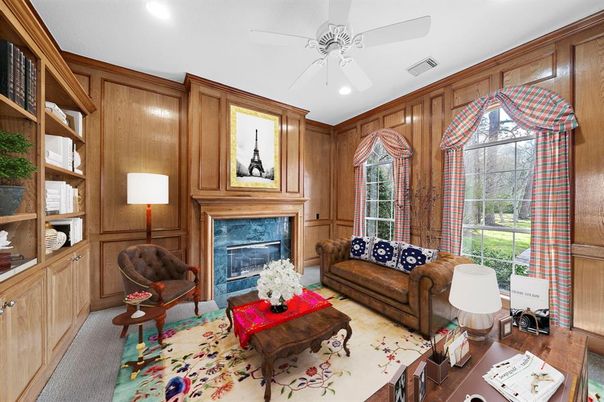 Fireplace, Interior, Living room, Recessed Lighting, Wooden Walls