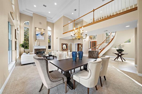 Chandelier, Dining room, Fireplace, Interior, Living room, Recessed Lighting