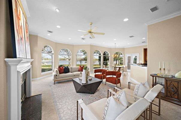 Dining room, Fireplace, Interior, Living room, Recessed Lighting