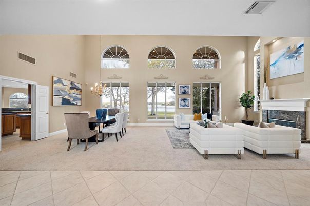 Chandelier, Dining room, Fireplace, Interior, Living room