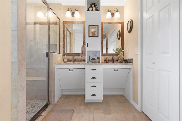 Bathroom, Glass Shower, Interior, Wood Texture Flooring