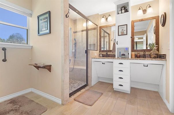 Bathroom, Glass Shower, Interior, Wood Texture Flooring