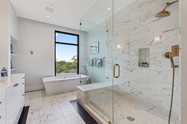 Bathroom, Free Standing Baths, Glass Shower, Interior, Marble, Marble Walls, Recessed Lighting