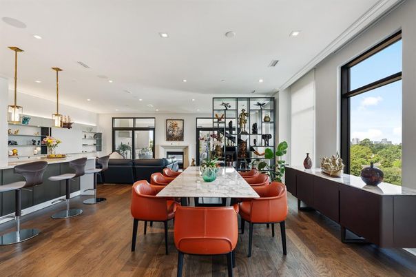 Dining room, Fireplace, Interior, Pendant Lights, Recessed Lighting, Wood Texture Flooring