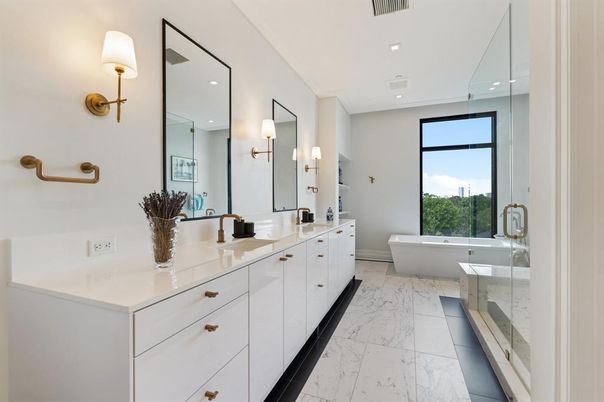Bathroom, Dual Sink Vanities, Free Standing Baths, Interior, Marble, Recessed Lighting