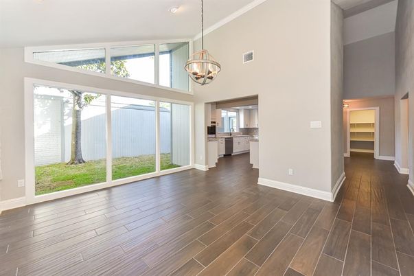 Chandelier, Empty room, Interior, Kitchen, Pendant Lights, Wood Texture Flooring