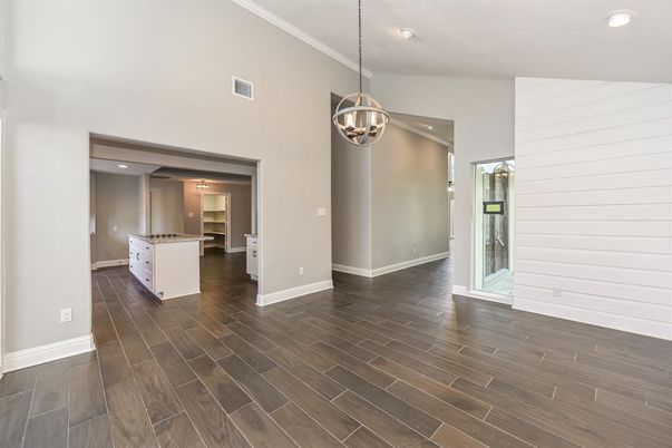 Empty room, Interior, Kitchen, Pendant Lights, Recessed Lighting, Wood Texture Flooring