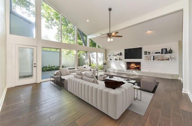 Fireplace, Interior, Living room, Recessed Lighting, Wood Texture Flooring