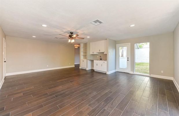 Empty room, Interior, Kitchen, Recessed Lighting, Wood Texture Flooring