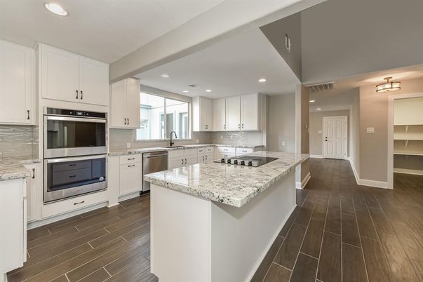 Interior, Kitchen, Recessed Lighting, Stainless Steel Appliances, Wood Texture Flooring