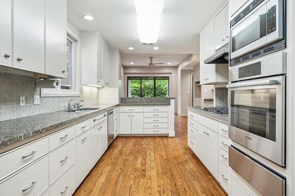 Interior, Kitchen, Recessed Lighting, Stainless Steel Appliances, Wood Texture Flooring