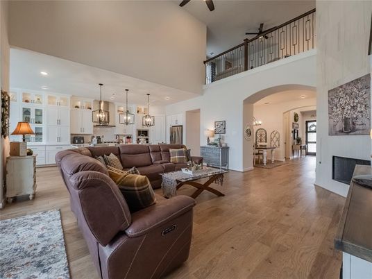 Fireplace, Interior, Kitchen, Living room, Pendant Lights, Recessed Lighting, Wood Texture Flooring
