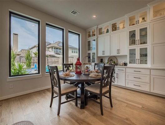 Dining room, Interior, Recessed Lighting, Wood Texture Flooring